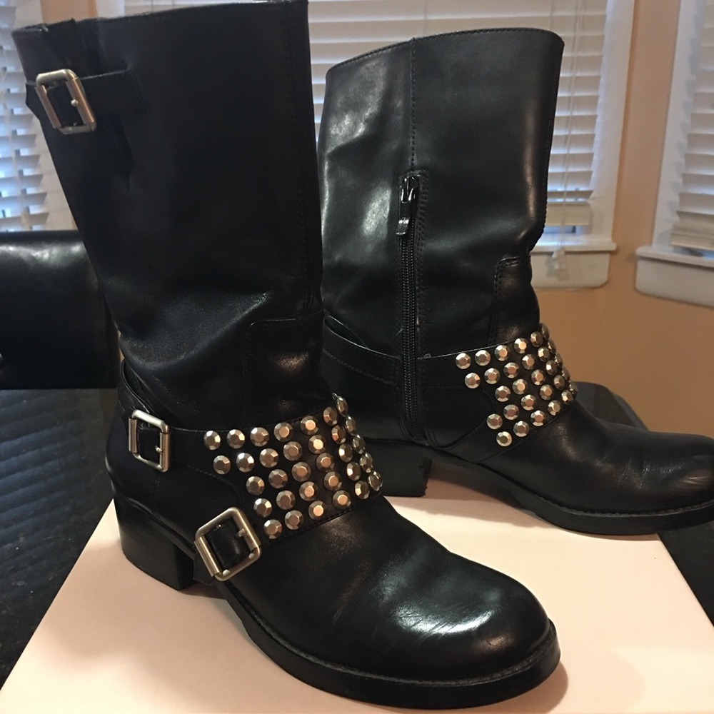 BCBG BLACK STUDDED MOTO BOOTS